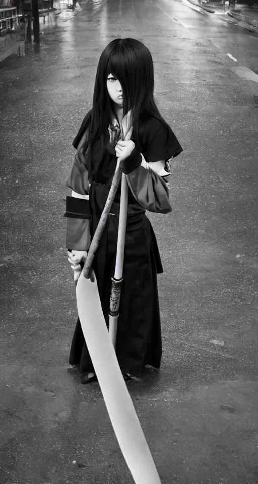 Prompt: sukebon delinquent girl holding a samurai sword threateningly, stubborn facial expression, full body shot, schoolgirl uniform with a very long skirt, professional photography, foggy night on a neon japanese city street