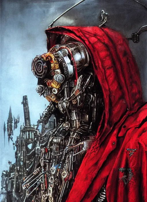 Image similar to portrait of rotten Nicolas Cage as adeptus mechanicus in red hood and robe from Warhammer 40000. Highly detailed, artstation, illustration by and John Blanche and zdislav beksinski and wayne barlowe