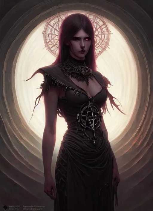 Prompt: Necromancer Sorceress goddess of death, fantasy pentagram magic, undercut hairstyle, dark light night, intricate, elegant, sharp focus, illustration, highly detailed, digital painting, concept art, matte, art by WLOP and Artgerm and Greg Rutkowski and Alphonse Mucha, masterpiece