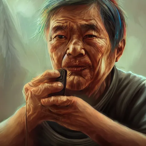 Prompt: portrait of the last living gamer by bian luan