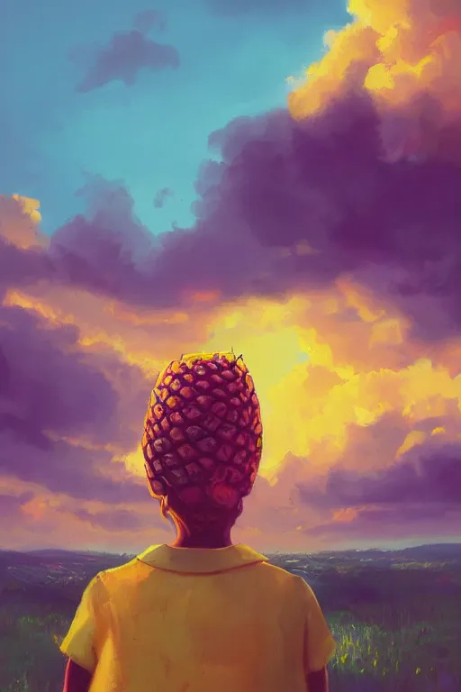 Prompt: closeup, large pineapple head, girl surrounded by djungle, surreal photography, golden hour, colorful clouds, impressionist painting, digital painting, artstation, simon stalenhag