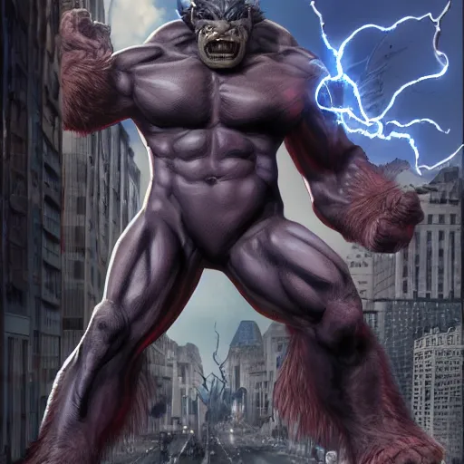 Prompt: x-men beast terrorizes city, hyper realistic, epic detail, thick outline, masterpiece, trending on artstation, 8k