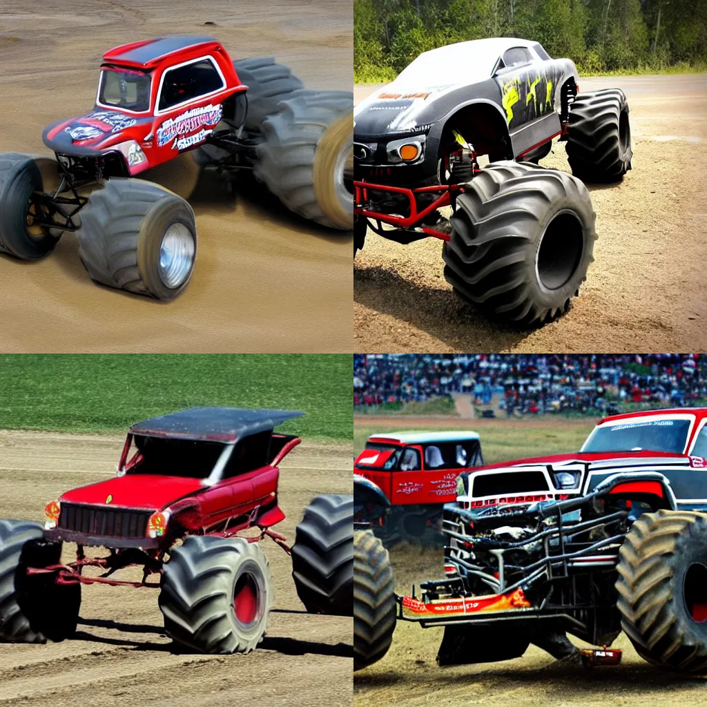 Prompt: monster truck shaped like an Amish buggy. jumping crushed cars