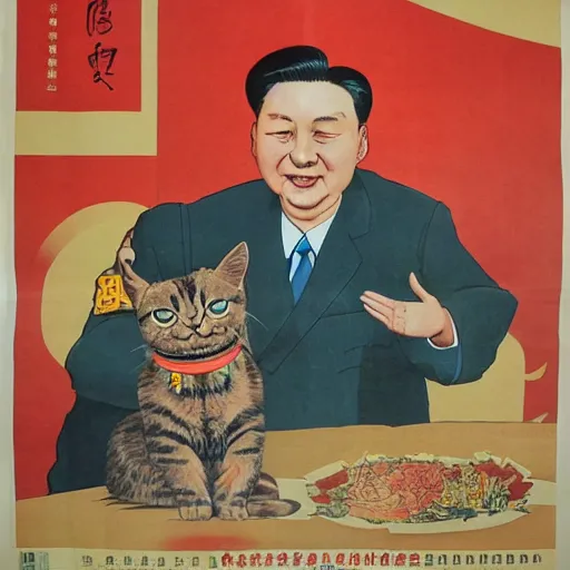 Image similar to chinese propaganda poster with a cat as the centerpiece