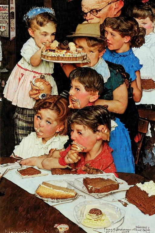 Prompt: kids eating cake by norman rockwell