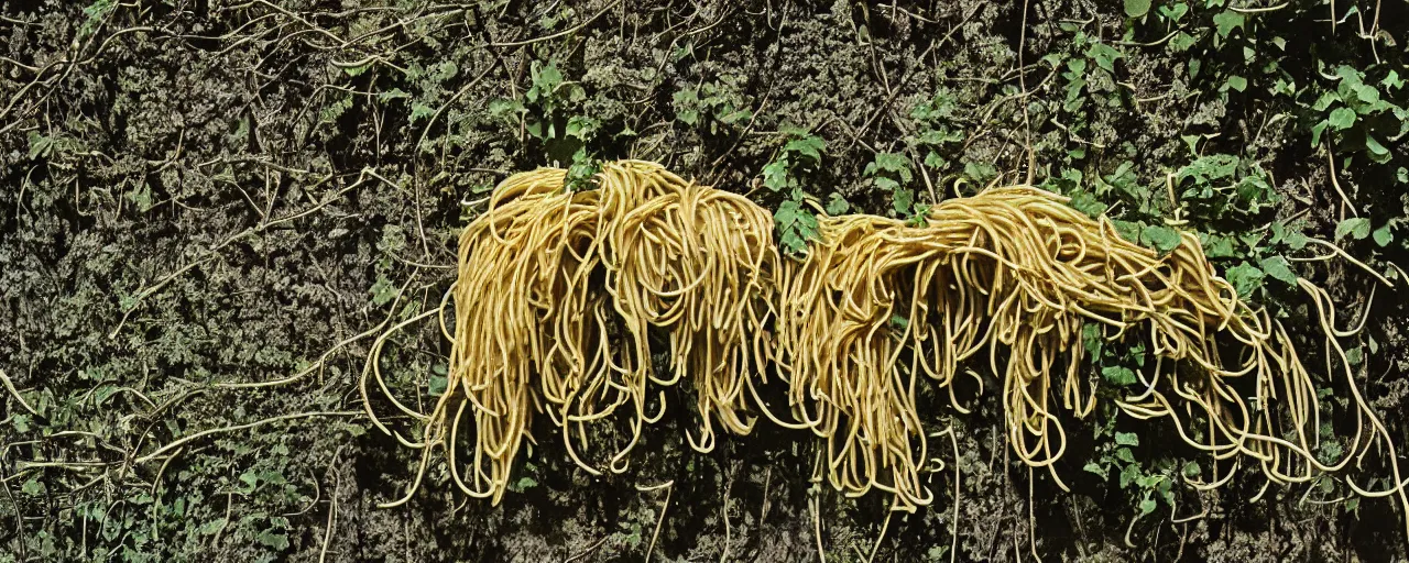 Image similar to spaghetti growing on a bush, in nature, in the style of carl warner, canon 2 0 mm, photograph, kodachrome