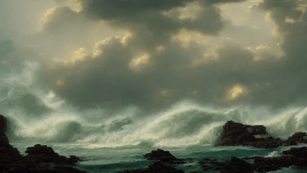 Image similar to first person view of breaking waves on the shore, summer, during a thunderstorm, raining, sea breeze rises in the air, by andreas rocha and john howe, and Martin Johnson Heade, featured on artstation, featured on behance, golden ratio, ultrawide angle, f32, well composed