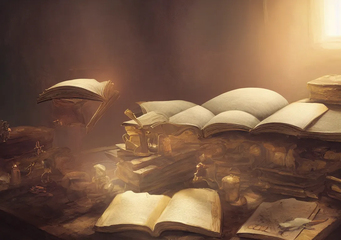 Image similar to a painting of a lone magical book laying open on a desk, fantasy concept art, golden hour, cinematic lighting, highly detailed