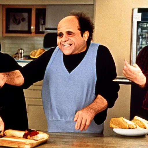 Image similar to danny devito and joe pesci making sandwiches