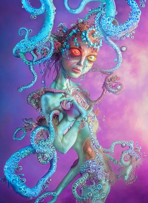Prompt: A full body shot of a cute and mischievious monster girl wearing an ornate ball gown made of opals and tentacles. Fancy Dress under the sea. Subsurface Scattering. Translucent Skin. Rainbow palette. defined facial features, symmetrical facial features. Opalescent surface. beautiful lighting. By Giger and Ruan Jia and Artgerm and WLOP and William-Adolphe Bouguereau. Photo real. Hyper-real. Photorealism. Fantasy Illustration. Sailor Moon hair. Masterpiece. trending on artstation, featured on pixiv, award winning, cinematic composition, dramatic pose, sharp, details, Hyper-detailed, HD, HDR, 4K, 8K.