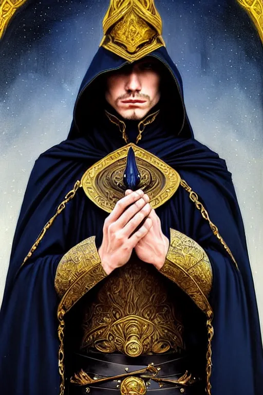 Prompt: handsome mage meditating holding a tellurion!, long black hair blue eyes wearing leather mantle gothic navy cloak with gold details, castle town, fantasy character portrait, ultra realistic, intricate, elegant, highly detailed, digital painting, artstaion, smooth, sharp, focus, illustration, art by artgerm and greg rutkowski and alphonse mucha
