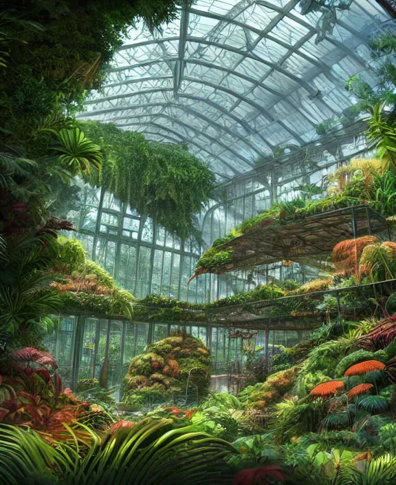 Image similar to an enormous conservatory greenhouse exterior, overgrown with exotic fungus, overgrown with huge ferns, cliff side, noon, sun drenched, partly cloudy, by dan mumford, yusuke murata, makoto shinkai, ross tran, cinematic, unreal engine, cel shaded, featured on artstation, pixiv