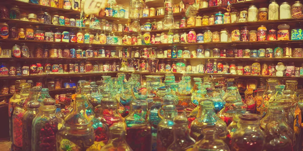 Image similar to Inside an old sweet shop, large jars on shelves, beautiful labels, fantasy vendor interior, wide angle, cinematic, highly detailed, photorealistic, rich bright colors, trending on artstation