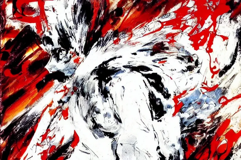 Image similar to movie still of akira ( 1 9 8 8 ) tetsuo in a white superhero suit and red cape, by ashley wood, 6 0's french movie poster, french impressionism, palette knife and wide brush strokes, black and white only