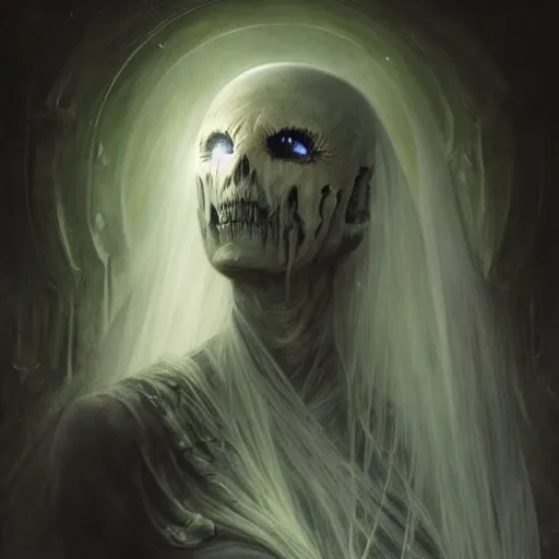 Image similar to head and shoulders portrait of a ghostly, shadowy, spectral wraith portrayed by gwynneth paltrow, d & d, fantasy, greg rutkowski, frank frazetta, alexandre chaudret, boris vallejo, michael whelan, miro petrov, hr giger, magali villeneuve, donato giancola