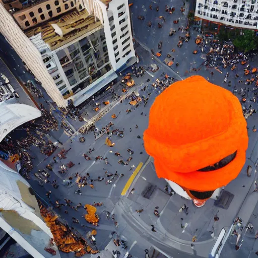 Image similar to gigantic baby wearing orange peel as a hat stands menacingly in the middle of a city, drone shot