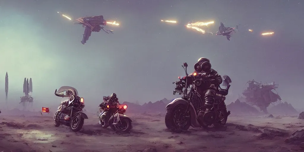 Image similar to an astronaut driving a motorcycle, tribe members attacking, chase, action scene, an epic fantasy, dramatic lighting, cinematic, establishing shot, extremely high detail, photorealistic, cinematic lighting, artstation, octane render, by simon stalenhag, horizon forbidden west