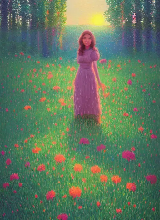 Image similar to girl with flower dress, standing in a field with floating flowers, hills, big trees, sunrise dramatic light, impressionist painting, colorful clouds, digital painting, pointillism, artstation, simon stalenhag