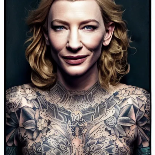Prompt: full body tattooed cate blanchett, highly detailed, photorealistic, 4k