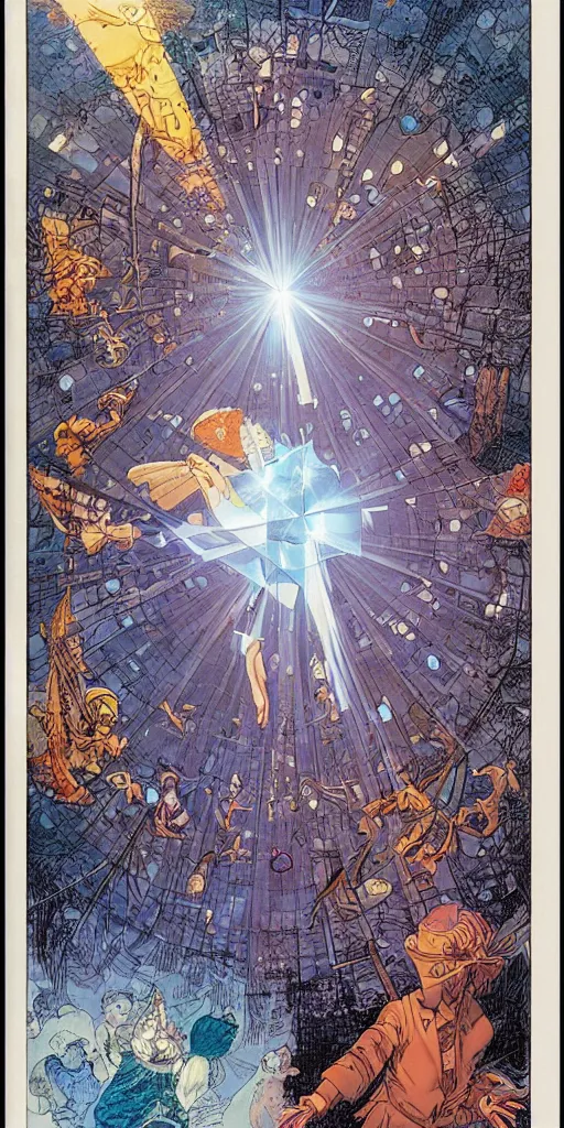 Image similar to a diamond with light shinying through it, michael kaluta, charles vess and jean moebius giraud