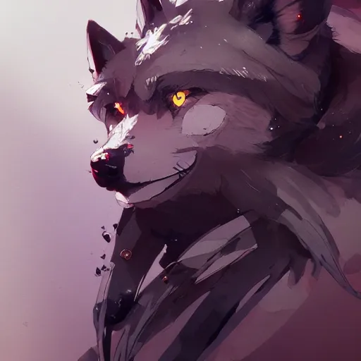 Image similar to concept art of anthropomorphized wolf, highly detailed painting by dustin nguyen, akihiko yoshida, greg tocchini, 4 k, trending on artstation, 8 k