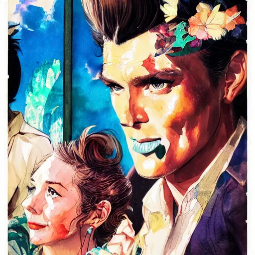 Prompt: vintage movie poster art for ace ventura by trending pixiv fanbox, watercolor, style of makoto akihiko yoshida takashi stephen bliss yoshiyuki and agnes cecile 4 k concept art