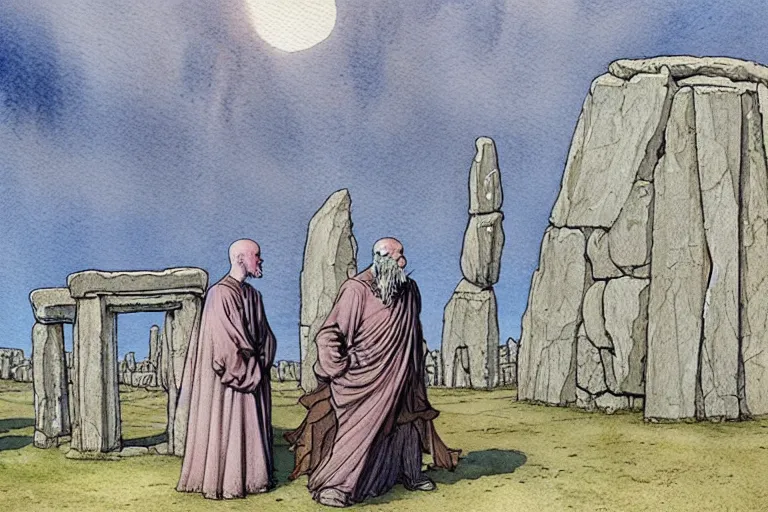 Image similar to a realistic and atmospheric watercolour fantasy concept art of a dirty medieval monk in grey robes pointing to the sky in stonehenge. a ufo is in the sky. by rebecca guay, michael kaluta, charles vess and jean moebius giraud