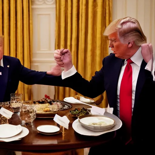 Prompt: Trump and Biden having dinner at a fancy Greek restaurant, award winning cinematic photography, 50 mm, blurred background, trending on Flickr