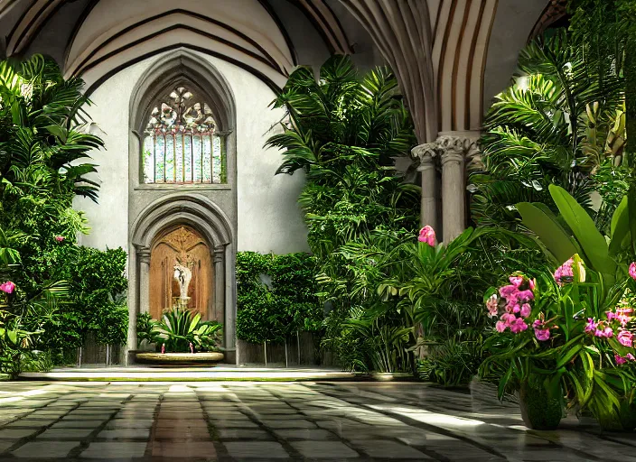 Image similar to cathedral interior with koi pond in the middle surrounded by palm trees, ivy, flowers, tropical plants, roses, and with archways. rendered in octane render with photorealistic lighting