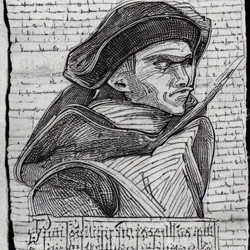 Image similar to a penic line drawing of a medieval thief on a old piece of paper. wanted poster. portrait. 4 k.