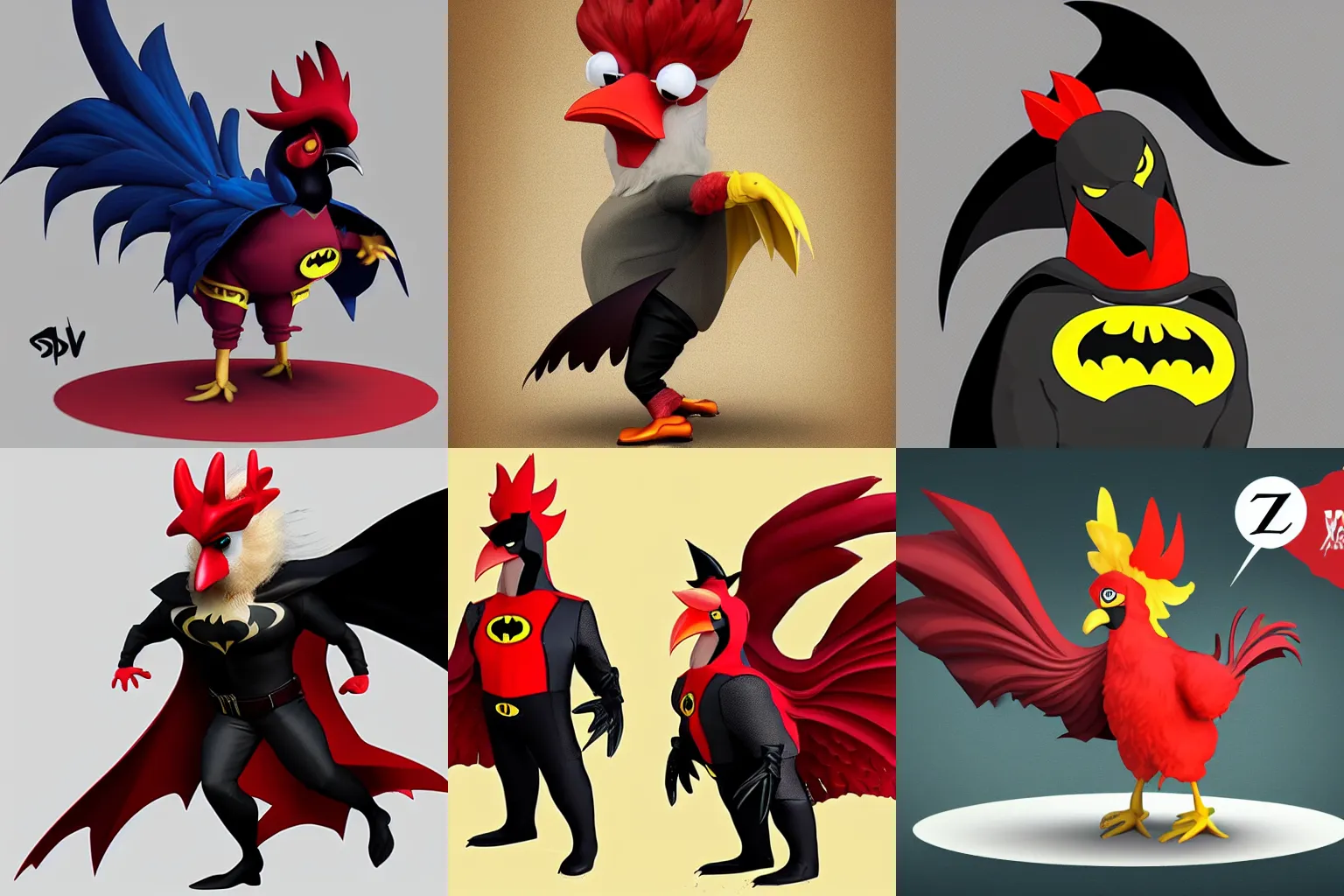 Prompt: an anthropomorphic rooster in a Batman costume, artstation