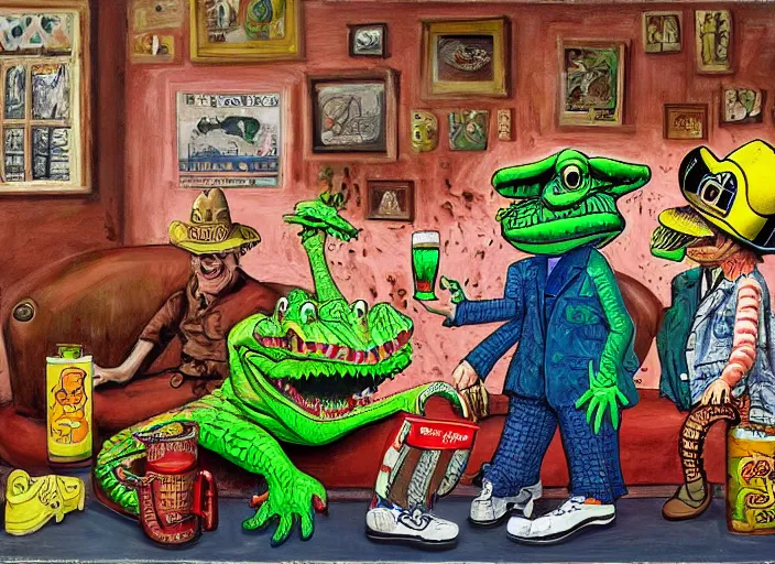 Prompt: a crocodile with shoes and hat looking at two men in costume drinking beer with computer and joakim ojanen and robert crumb and philip guston, psychological, photorealistic, dripping paint, washy brush, rendered in octane, altermodern, masterpiece