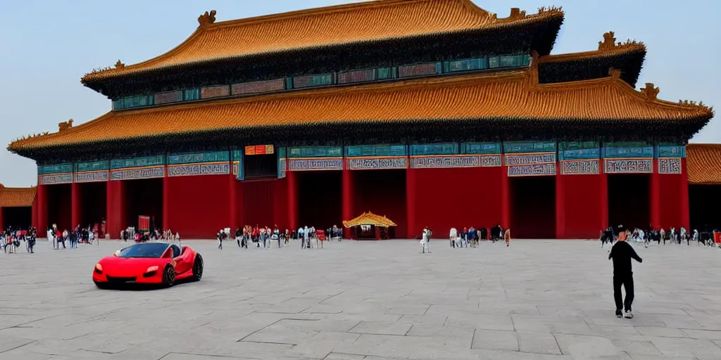 Image similar to a supercar running in the forbidden city