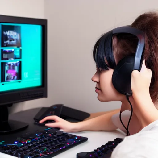 Prompt: gamer girl playing game on a pc, looking at the screen