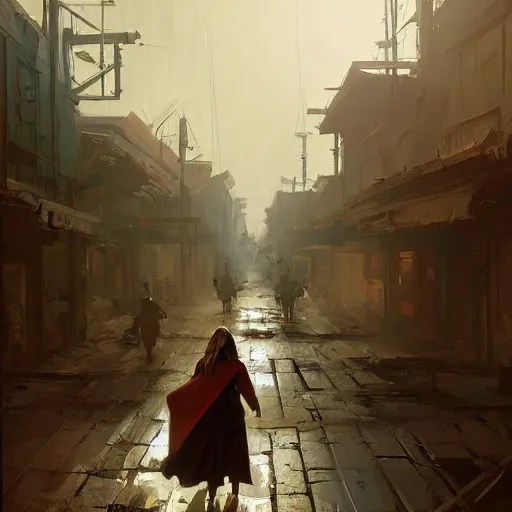 Prompt: old west concept art by greg rutkowski, high noon with supergirl walking through a desolate town with broken down shops and a saloon, enigmatic atmosphere, beautiful and cinematic lighting, artstation hq.