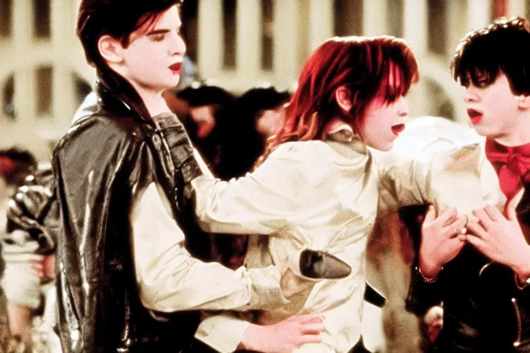 Prompt: film still of two vampires kiss, from john hughes coming - of - age high school comedy about lgbtq vampires in high school