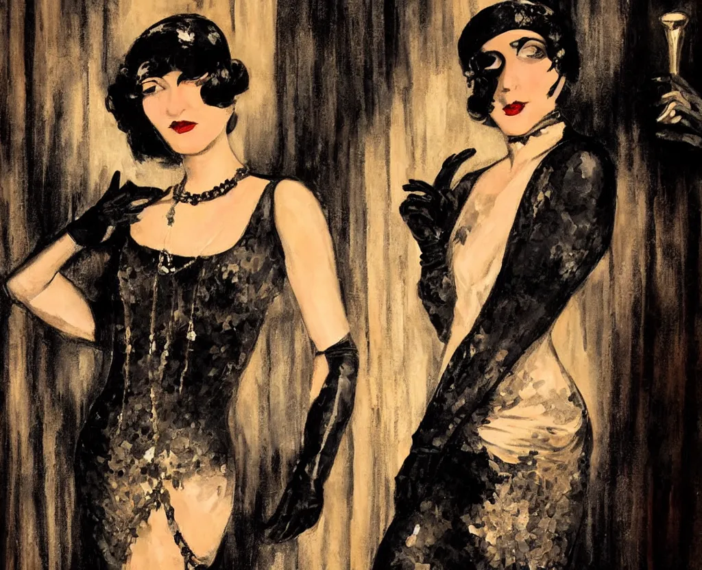 Prompt: realistic painting of a 1 9 2 0 s short - haired flapper woman in black satin gloves looking at the camera, at a party in a dimly lit speakeasy bar, jazz age, precise, wide shot, cohesive, art deco style, cinematic, low - lighting