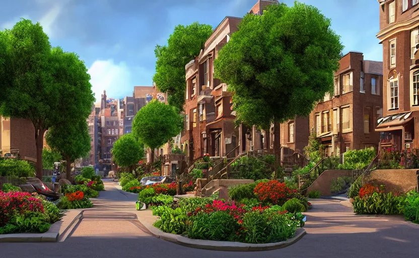 Prompt: brownstone's residential landscape, like the background of pixar animation, a two - lane road, flowers in a flower bed, a big tree by the side of the road, and a warm and comfortable atmosphere, 4 k imax, lit from below, plant forest in glass tubes, underlight, moody iconic scene, a window frame into space 3 d animation background