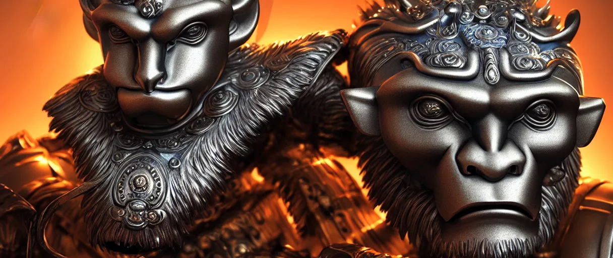 Image similar to hyperrealistic highly detailed bust portrait of an art deco sun wukong with iridescent armor sharp concept art wayne barlowe cinematic lighting 8k low angle shallow depth of field