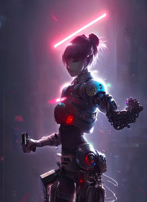 Prompt: cool cyberpunk cyborg samurai girl, battle pose, laser guns, extremely beautiful, detailed portrait, intricate light complexity, concept art by krenz cushart, kyoto animation, wlop. 4 k, beautiful, cinematic dramatic atmosphere, sharp focus, perfect lightning