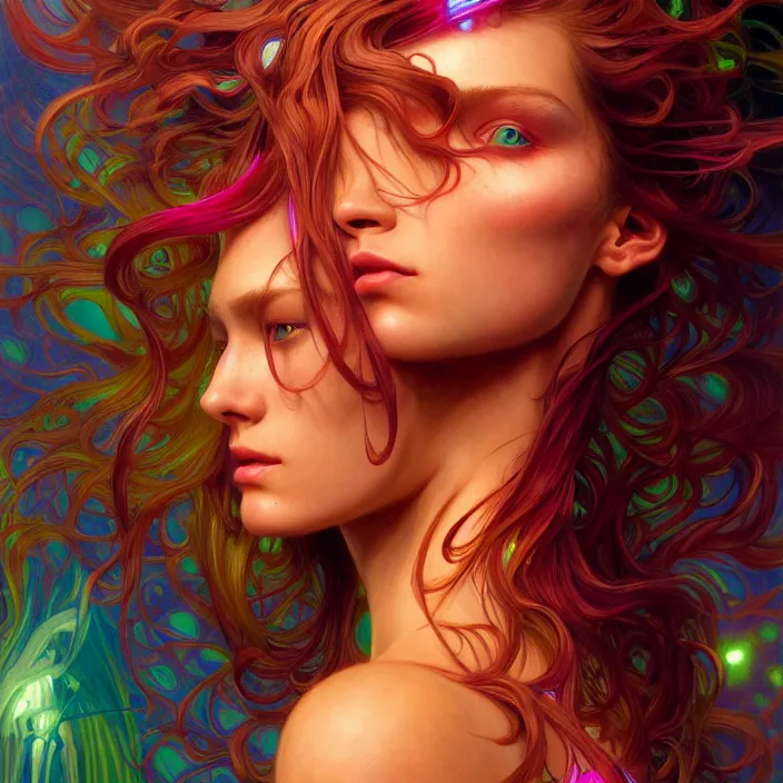 Image similar to bright psychedelic cyborg, glowing skin, long hair, diffuse lighting, fantasy, intricate, elegant, highly detailed, lifelike, photorealistic, digital painting, artstation, illustration, concept art, smooth, sharp focus, art by John Collier and Albert Aublet and Krenz Cushart and Artem Demura and Alphonse Mucha