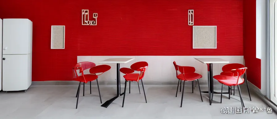 Image similar to a beautiful simple interior render of small roasted string hotpot restaurant restaurant yan'an, wall corner, from china, red paper wall and white tile floor, rectangle white porcelain table, fine simple delicate structure, chinese style, simple composition, simple style structure decoration design, victo ngai, 4 k hd