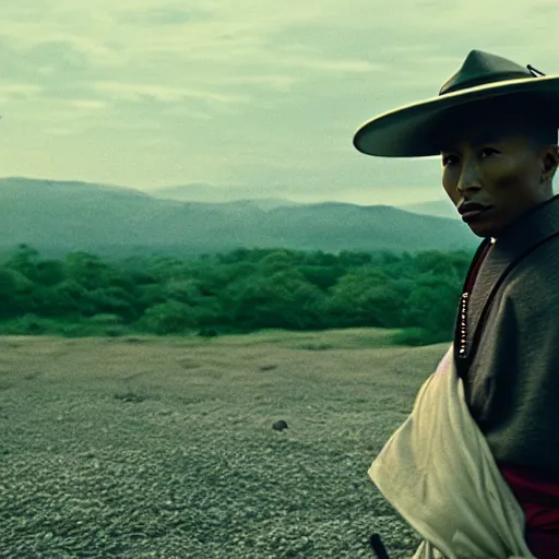 Image similar to cinematic film still Pharrell Williams starring as a Samurai holding fire, Japanese CGI, VFX, 2003, 40mm lens, shallow depth of field,film photography