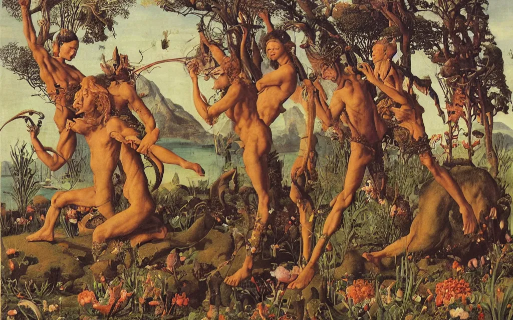 Image similar to a portrait photograph of a meditating satyr and a centaur monk riding a rocket machine and hunting at a river delta. surrounded by bulbous flowers and trees. mountain range under a blue sky of fiery stars. by jan van eyck, max ernst, ernst haeckel, ernst fuchs and artgerm, cgsociety, fashion editorial, 8 k