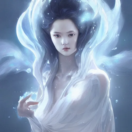 Image similar to female japanese ice elemental, ghostly form, transparent, d & d, highly detailed, digital painting, artstation, concept art, sharp focus, illustration, cinematic lighting, art by artgerm and greg rutkowski and alphonse mucha