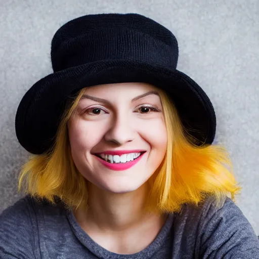 Image similar to portrait of a smiling 2 5 - year - old woman with 9 0 degree nails pretty face, perfect eye look up a bit, medium yellow blond hair, character with an orange hat, hair comes out of the hat a little