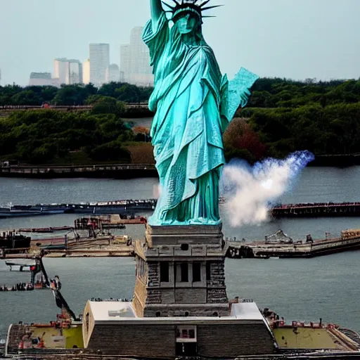 Image similar to an exploding Statue of Liberty in the style of NAOYA HATAKEYAMA, CAI GUO-QIANG, and LOS CARPINTEROS