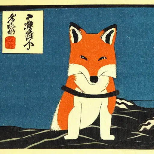 Image similar to Japanese woodblock painting of a foxhound holding a samurai sword