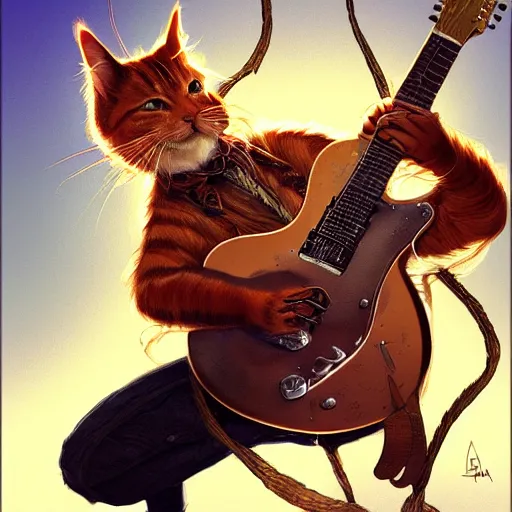 Image similar to a ginger cat dressed like a hardrocker playing electric guitar, cinematic lighting, highly detailed, digital painting, artstation, concept art, smooth, sharp focus, illustration, art by Terry Moore and Greg Rutkowski and Alphonse Mucha