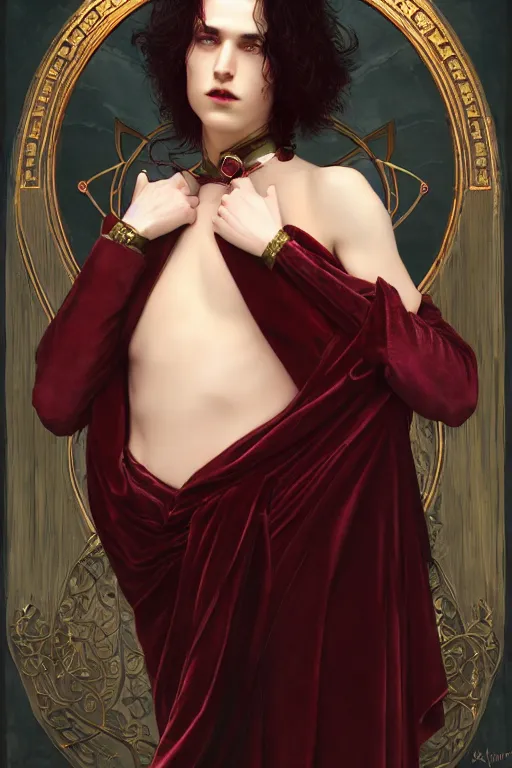 Image similar to a beautiful androgynous man, long thick dark hair, deep brown eyes, vampire, dressed in velvet, wearing a ruby pendant, illustration, dramatic lighting, soft details, painting oil on canvas, art nouveau, octane render, HDR, 4k, 8k, HD, by Edmund Blair Leighton, Brom, Charlie Bowater, faces by otto schmidt